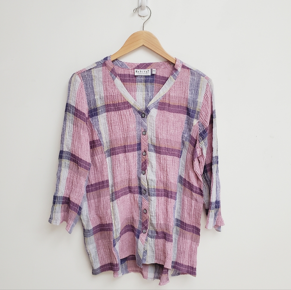 Habitat Crinkle Linen Plaid Button Down Shirt Pastel Lagenlook Lightweight Sz S